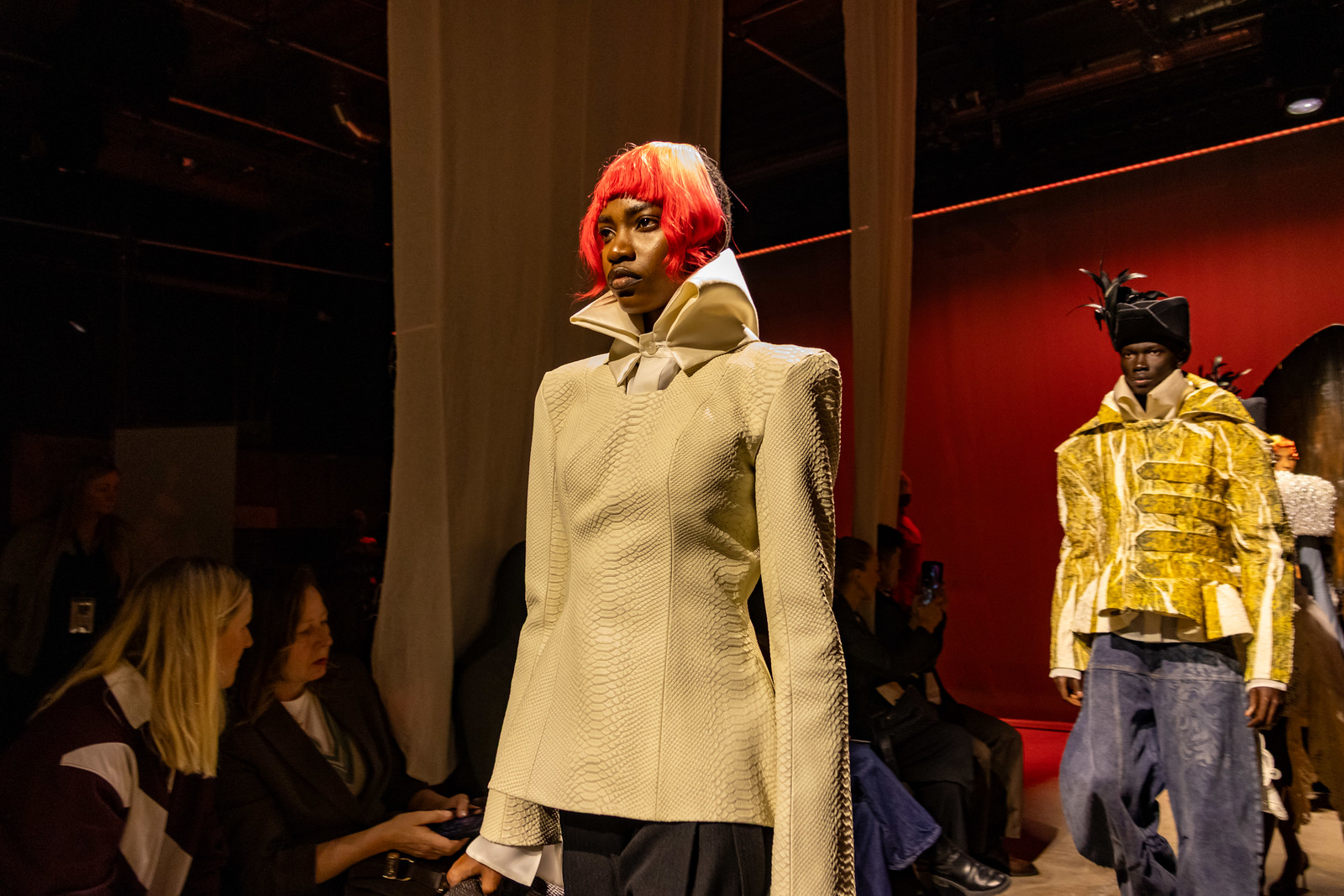 Two models in sculptural cream and yellow looks at Francesca Lake NEWGEN, London Fashion Week, 17 September 2026