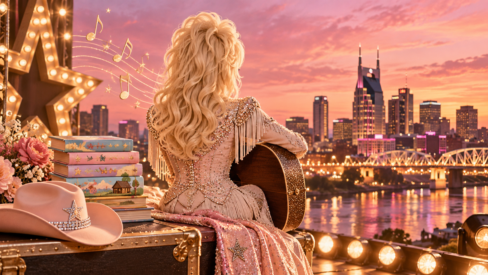 Original editorial illustration of a blonde country singer with a guitar overlooking a pink Nashville skyline, beside children's books