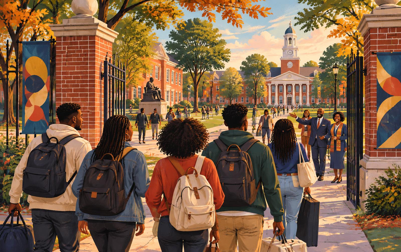 Editorial illustration of Black college students arriving through the gates of a welcoming fictional historically Black college campus