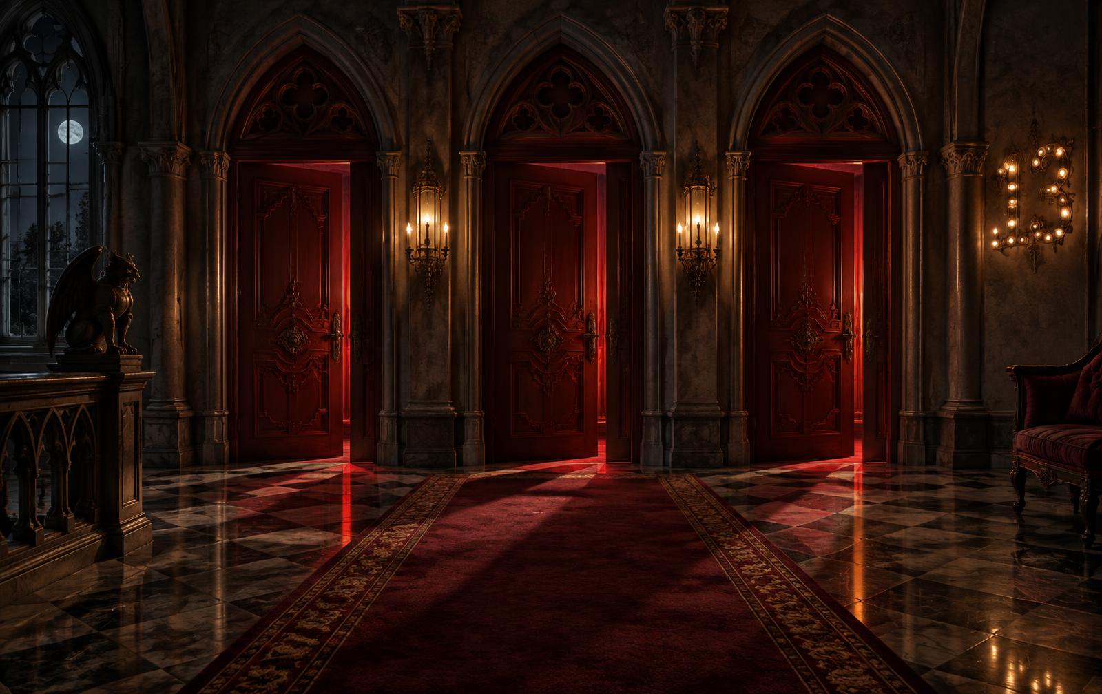 Fictional gothic theatre corridor with three crimson-lit doorways and thirteen wall lights