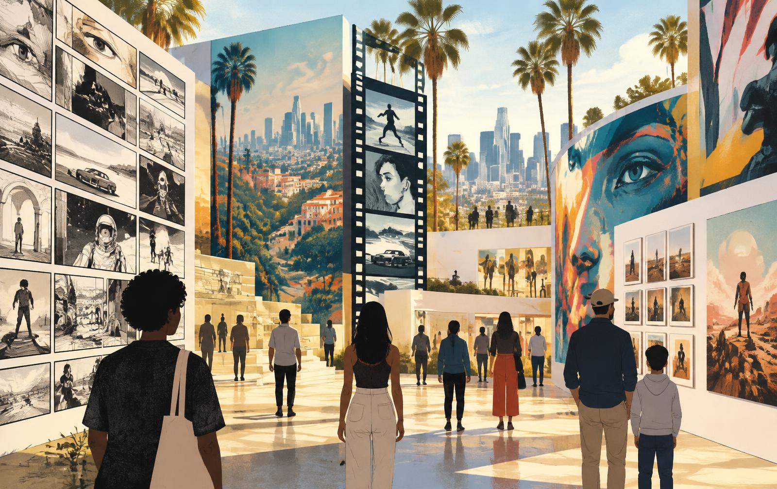 Editorial illustration of visitors exploring comics, murals, cinema frames and paintings in a sunlit Los Angeles art setting