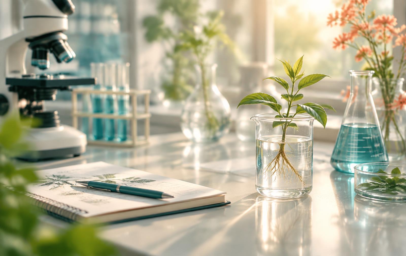 Illustration of a sunlit laboratory bench with a seedling rooted in a glass beaker, a notebook and scientific glassware