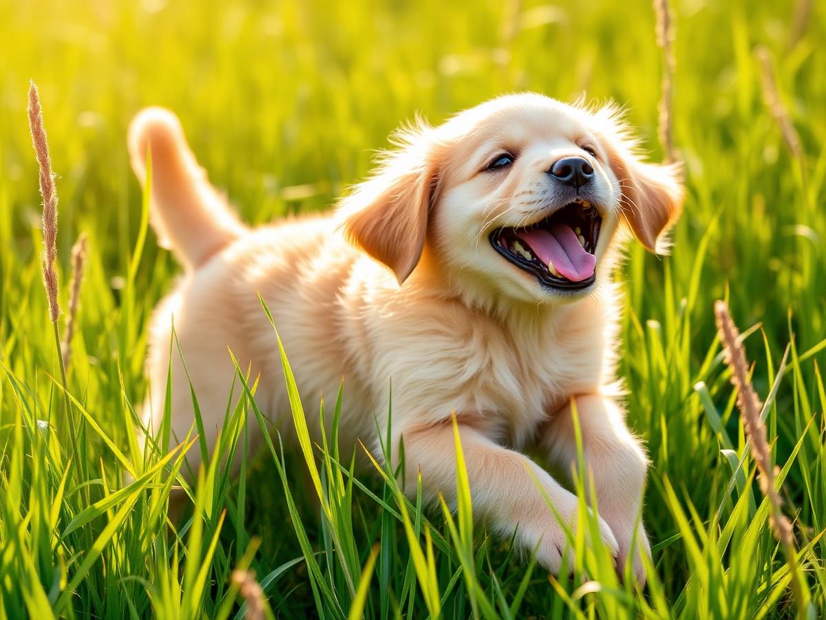 Golden retriever puppy mid-play in sunlit grass