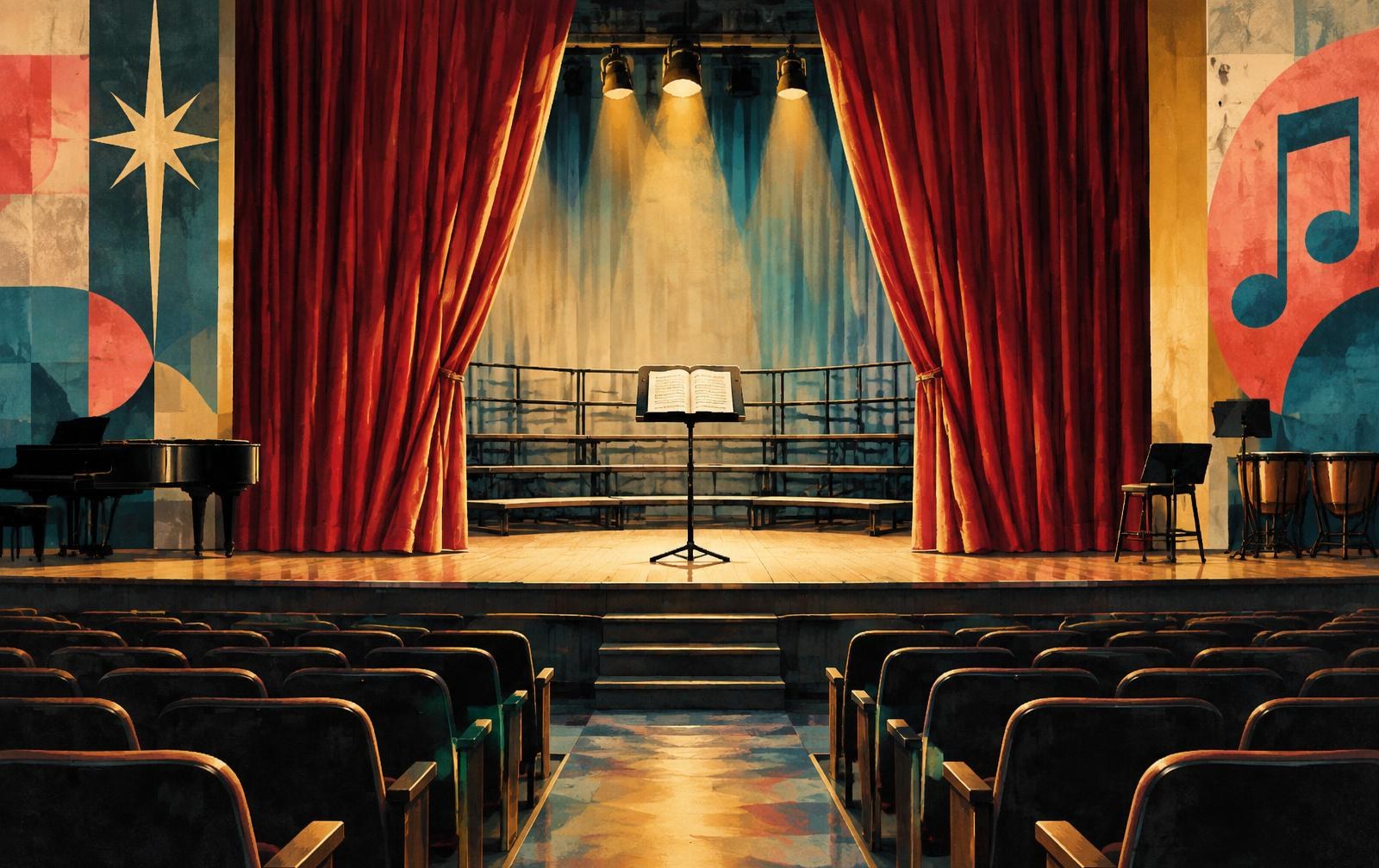 Editorial illustration of an empty school auditorium with a script on a music stand