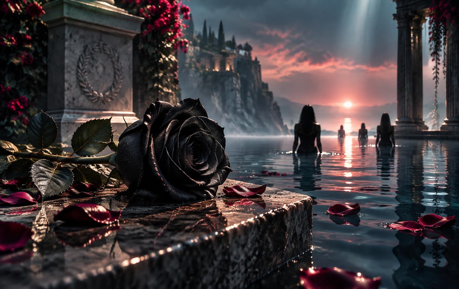 Editorial illustration of a black rose beside reflective water and distant anonymous figures