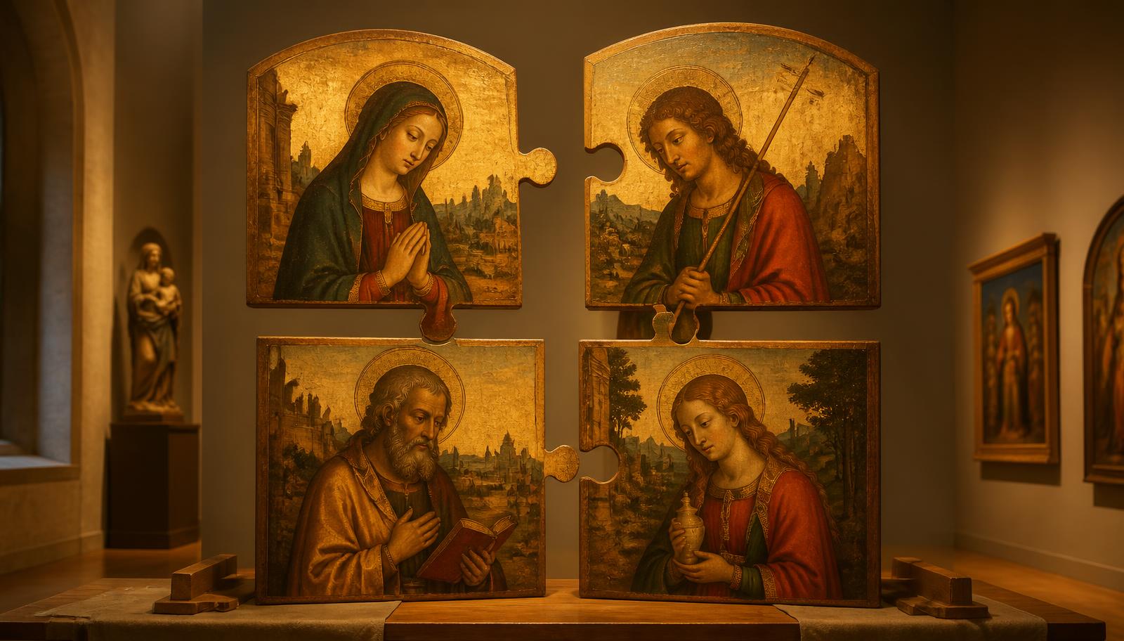 Illustration of four Renaissance-style painted panels arranged like puzzle pieces under warm gallery light