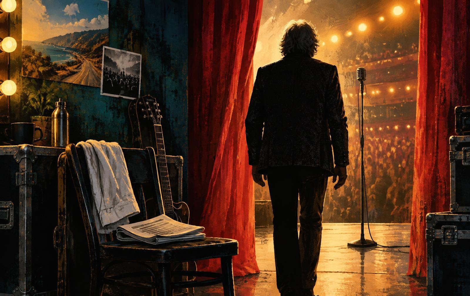 Editorial illustration of an anonymous veteran singer preparing to return to a warmly lit stage