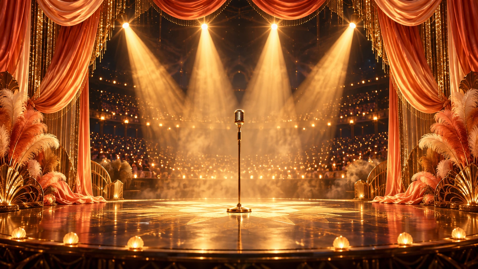 Editorial illustration of an empty theater stage illuminated by four spotlights, with a microphone at center stage