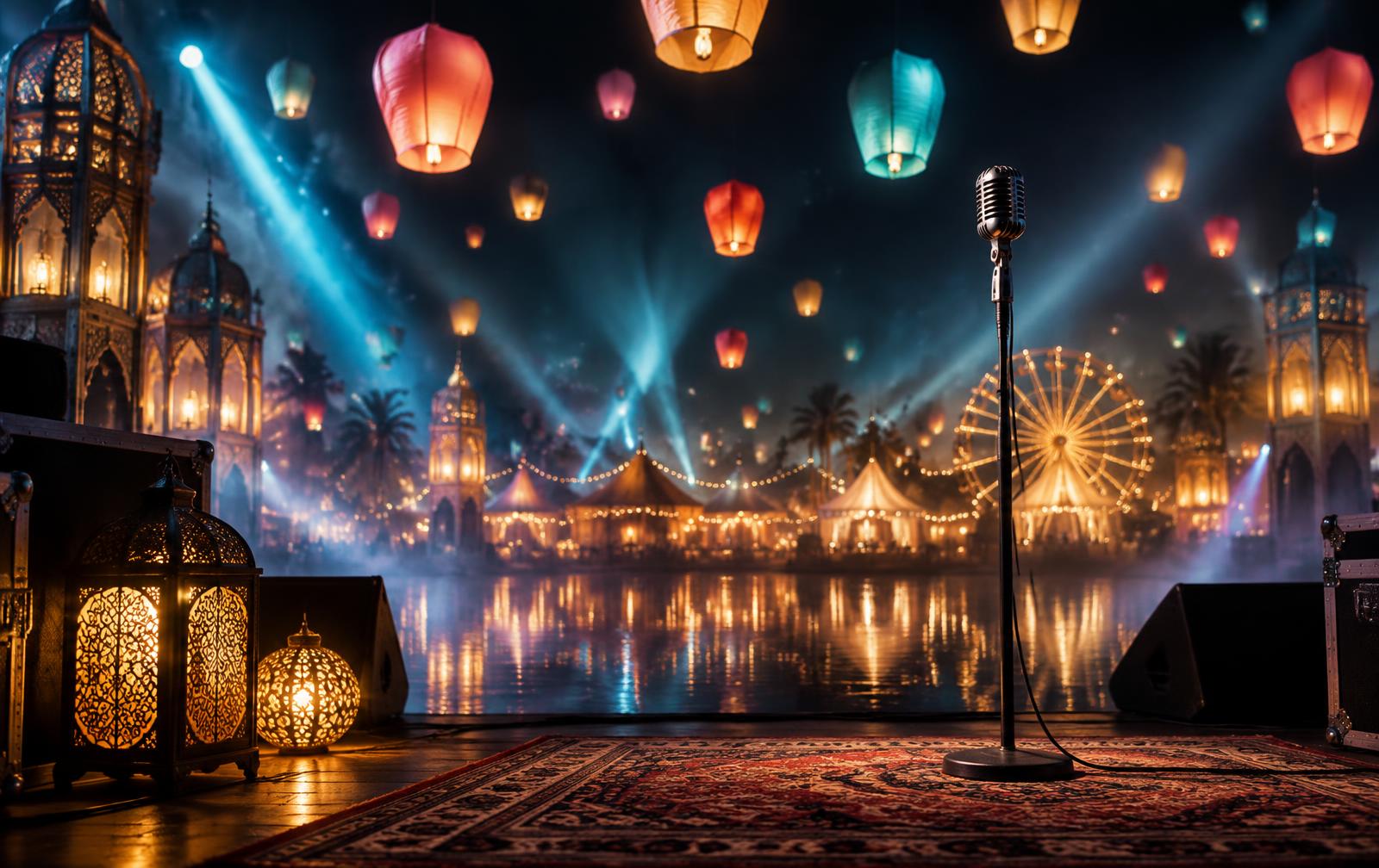 Abstract carnival lights around an empty microphone on a night stage